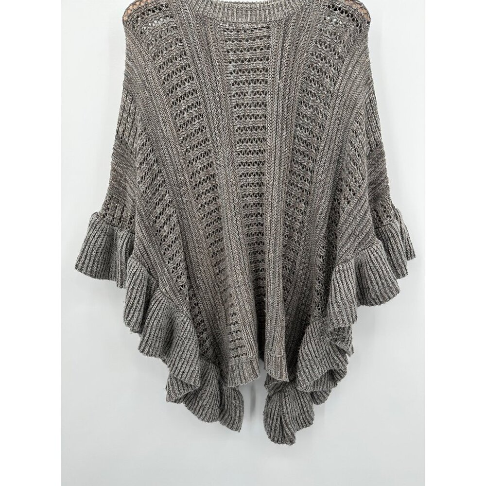 American Boutique OS Knitted Poncho Sweater Gray Ruffle Boxy Stretchy - Picture 3 of 10